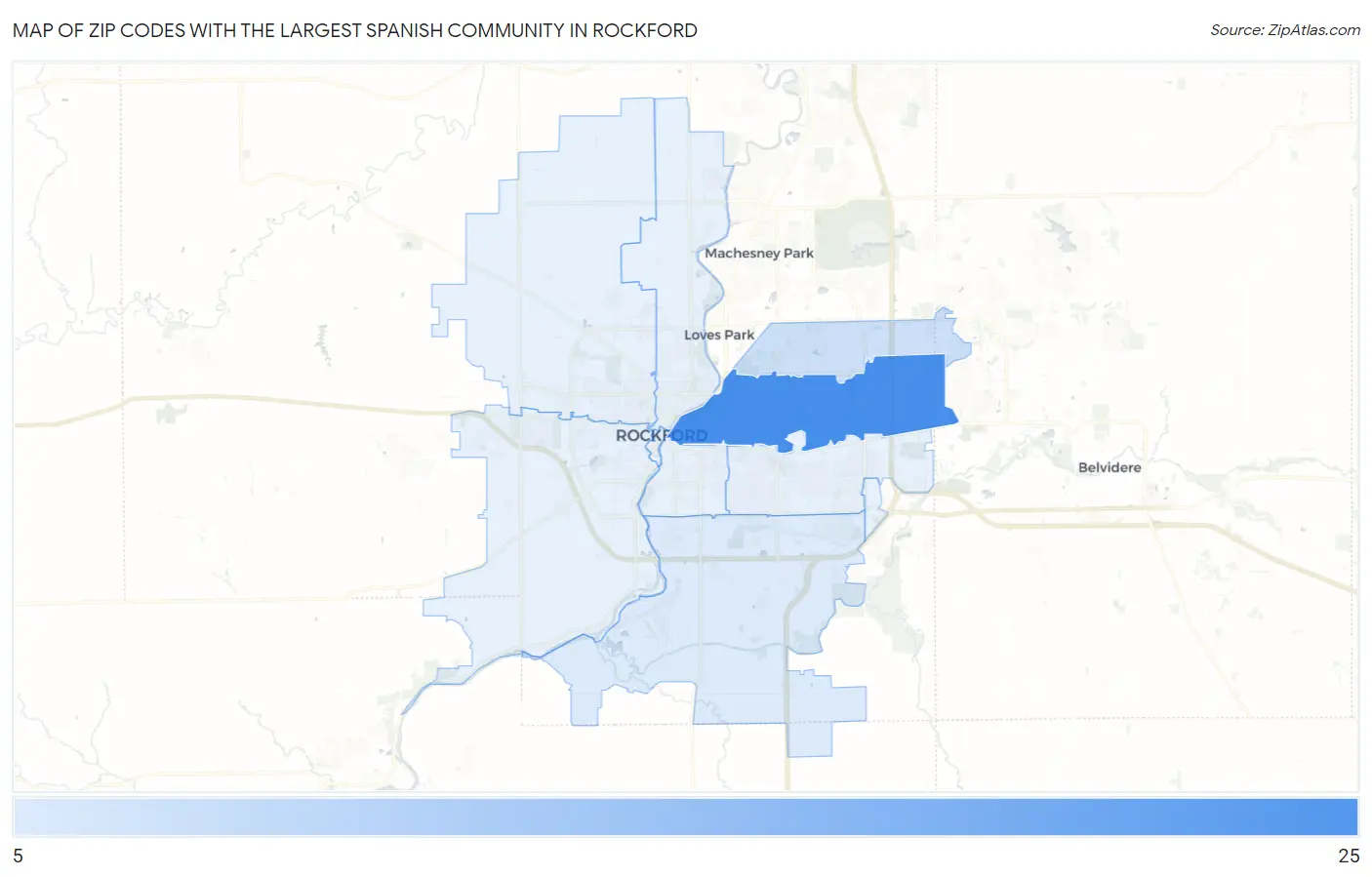 Zip Codes with the Largest Spanish Community in Rockford Map