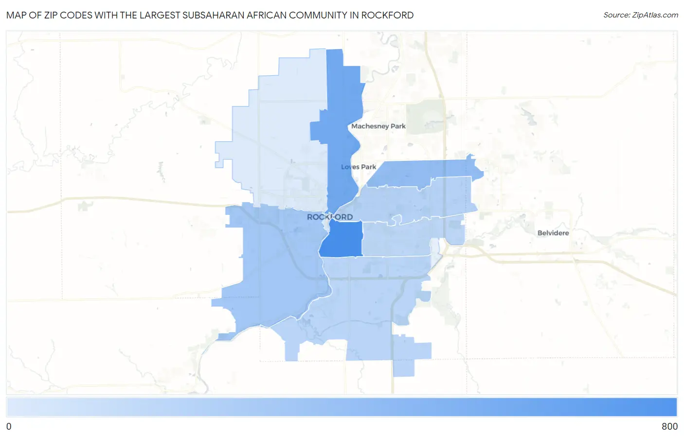 Zip Codes with the Largest Subsaharan African Community in Rockford Map