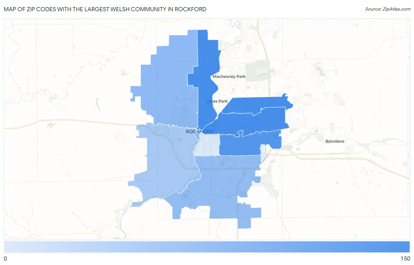 Zip Codes with the Largest Welsh Community in Rockford Map