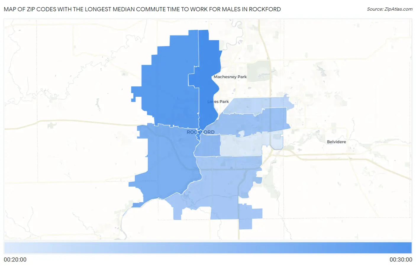Zip Codes with the Longest Median Commute Time to Work for Males in Rockford Map