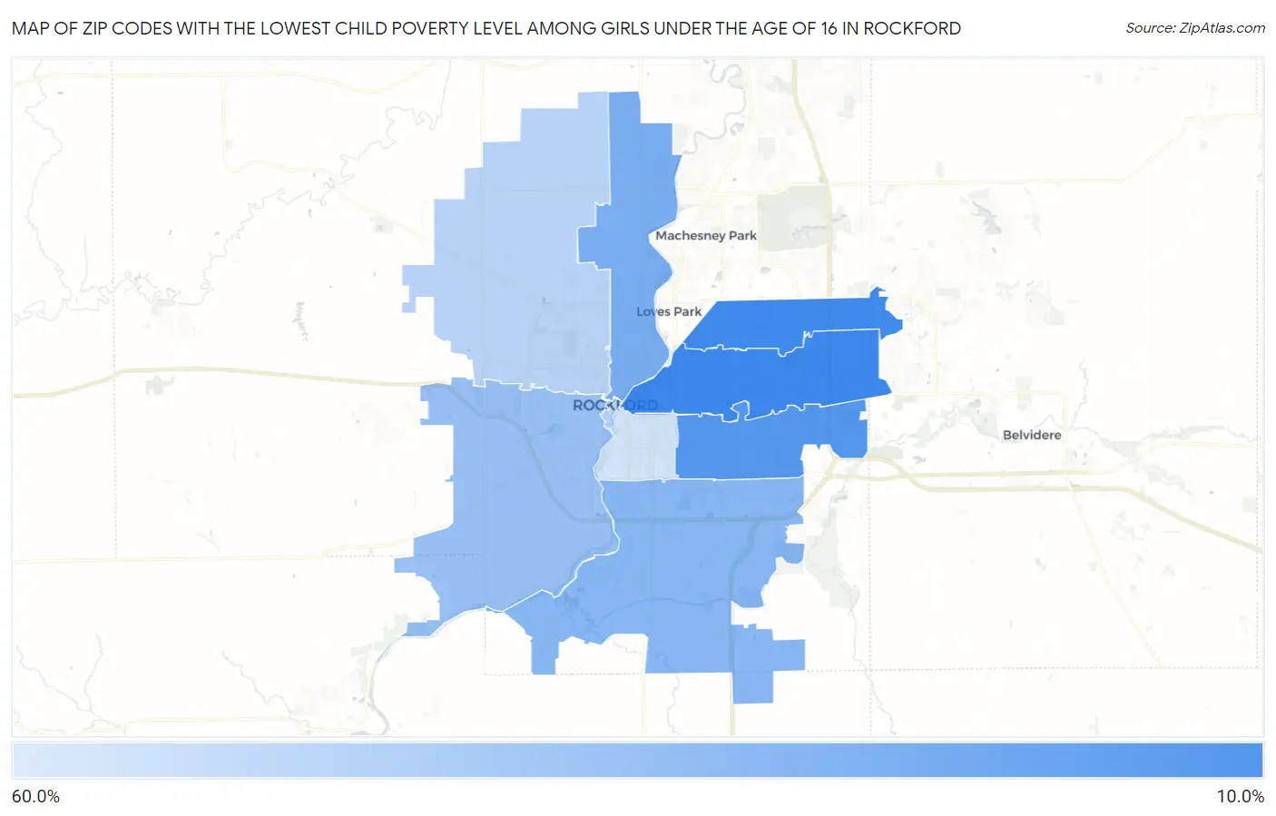 Zip Codes with the Lowest Child Poverty Level Among Girls Under the Age of 16 in Rockford Map
