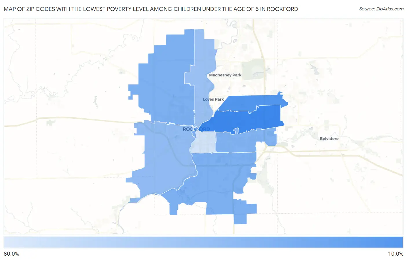 Zip Codes with the Lowest Poverty Level Among Children Under the Age of 5 in Rockford Map