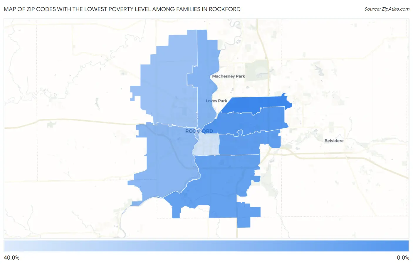 Zip Codes with the Lowest Poverty Level Among Families in Rockford Map