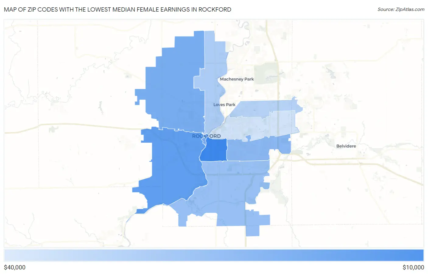 Zip Codes with the Lowest Median Female Earnings in Rockford Map