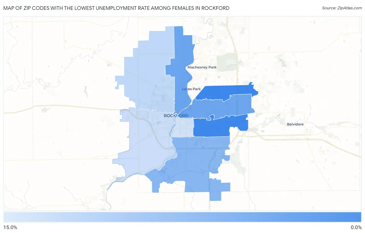 Zip Codes with the Lowest Unemployment Rate Among Females in Rockford Map