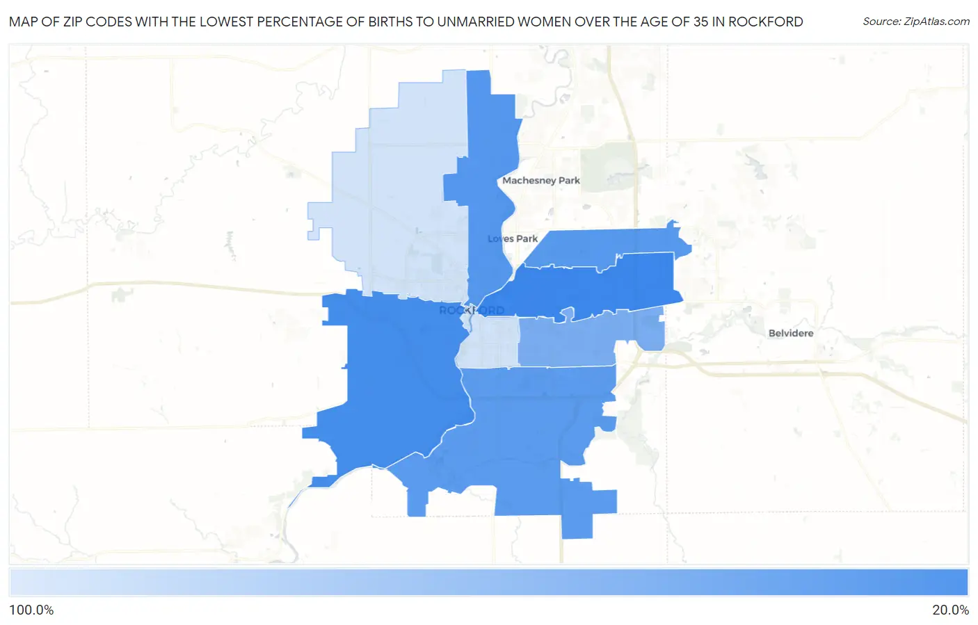 Zip Codes with the Lowest Percentage of Births to Unmarried Women over the Age of 35 in Rockford Map