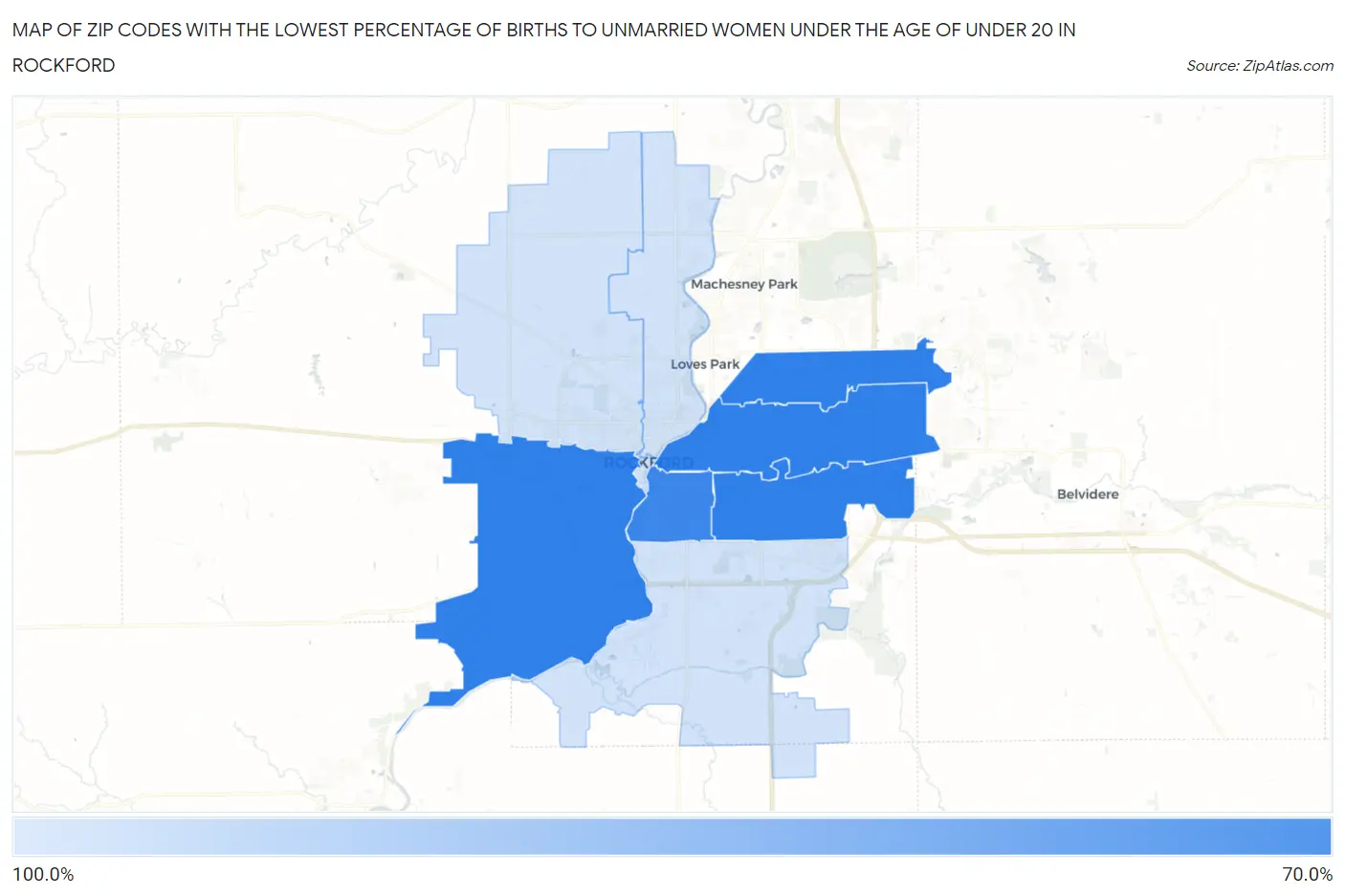 Zip Codes with the Lowest Percentage of Births to Unmarried Women under the Age of under 20 in Rockford Map