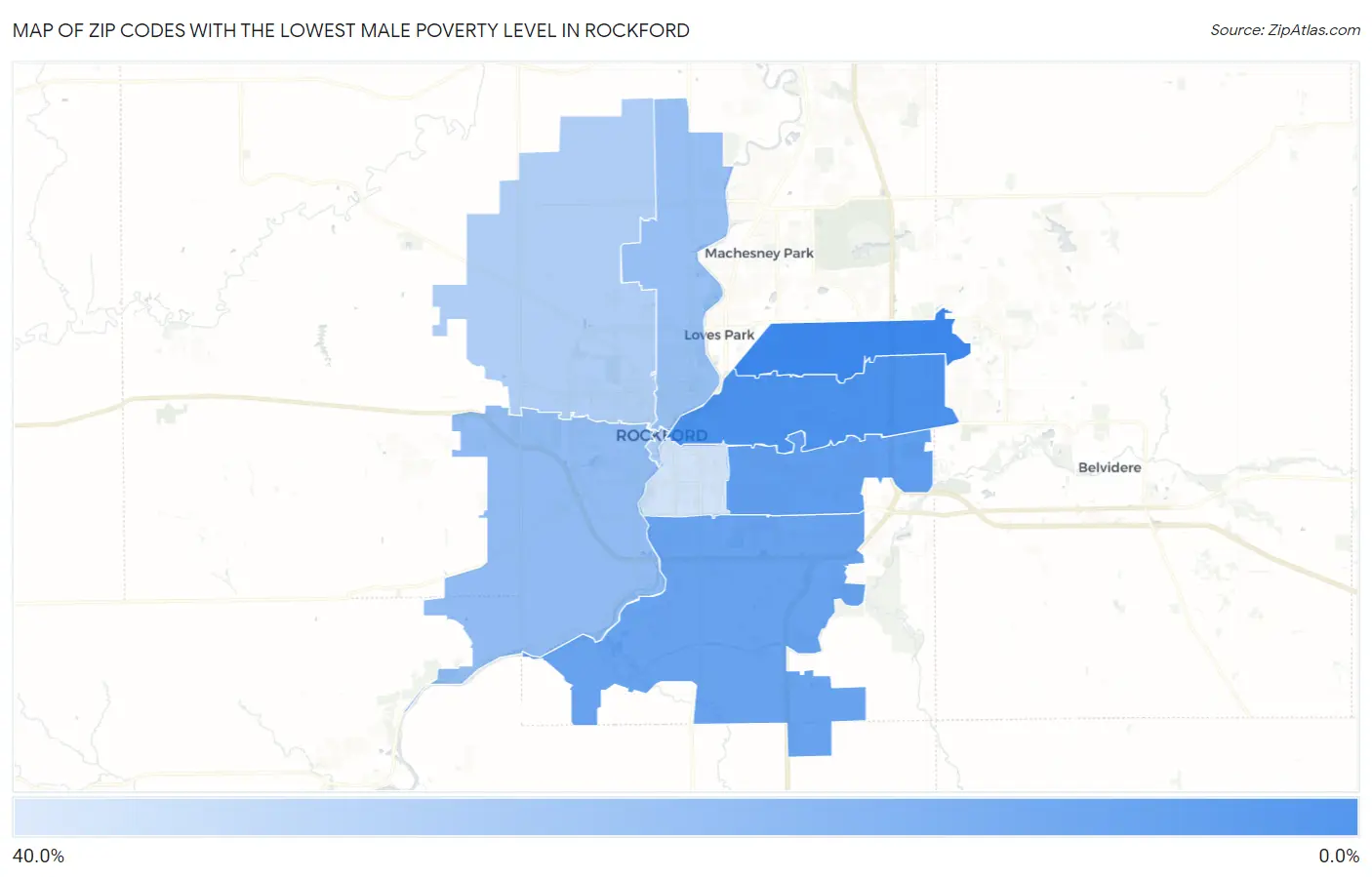 Zip Codes with the Lowest Male Poverty Level in Rockford Map