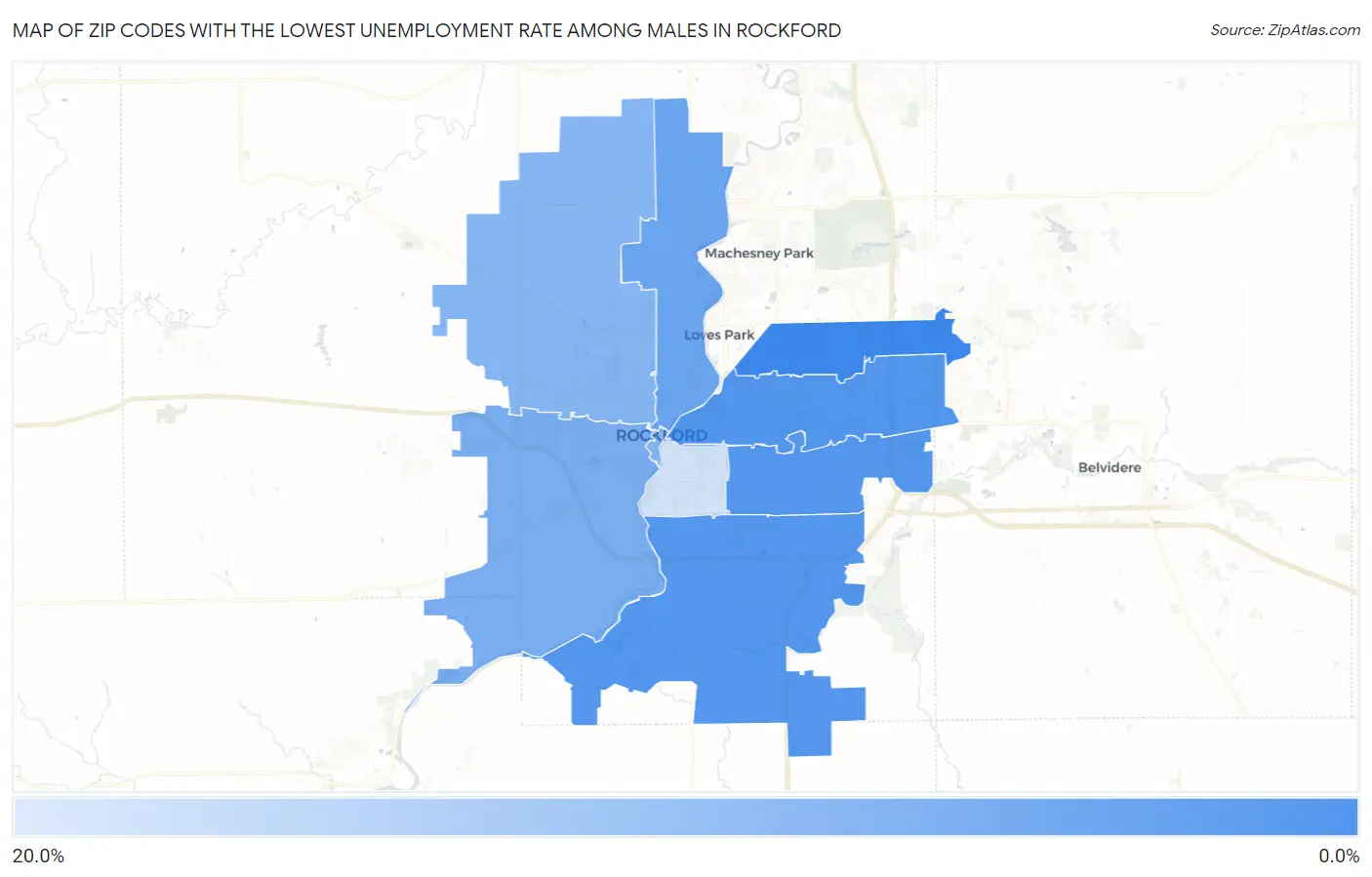 Zip Codes with the Lowest Unemployment Rate Among Males in Rockford Map