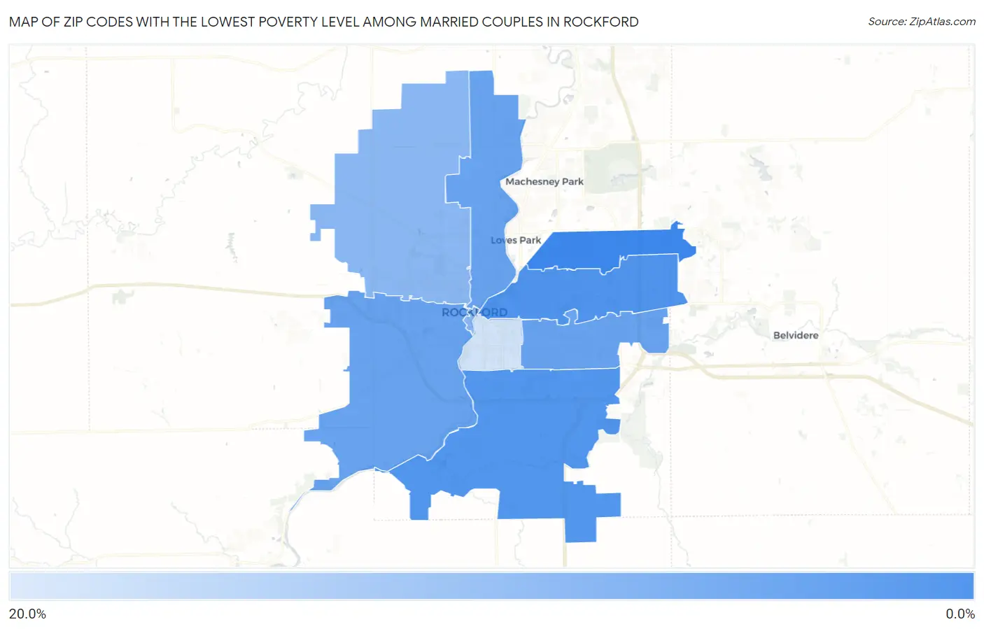 Zip Codes with the Lowest Poverty Level Among Married Couples in Rockford Map