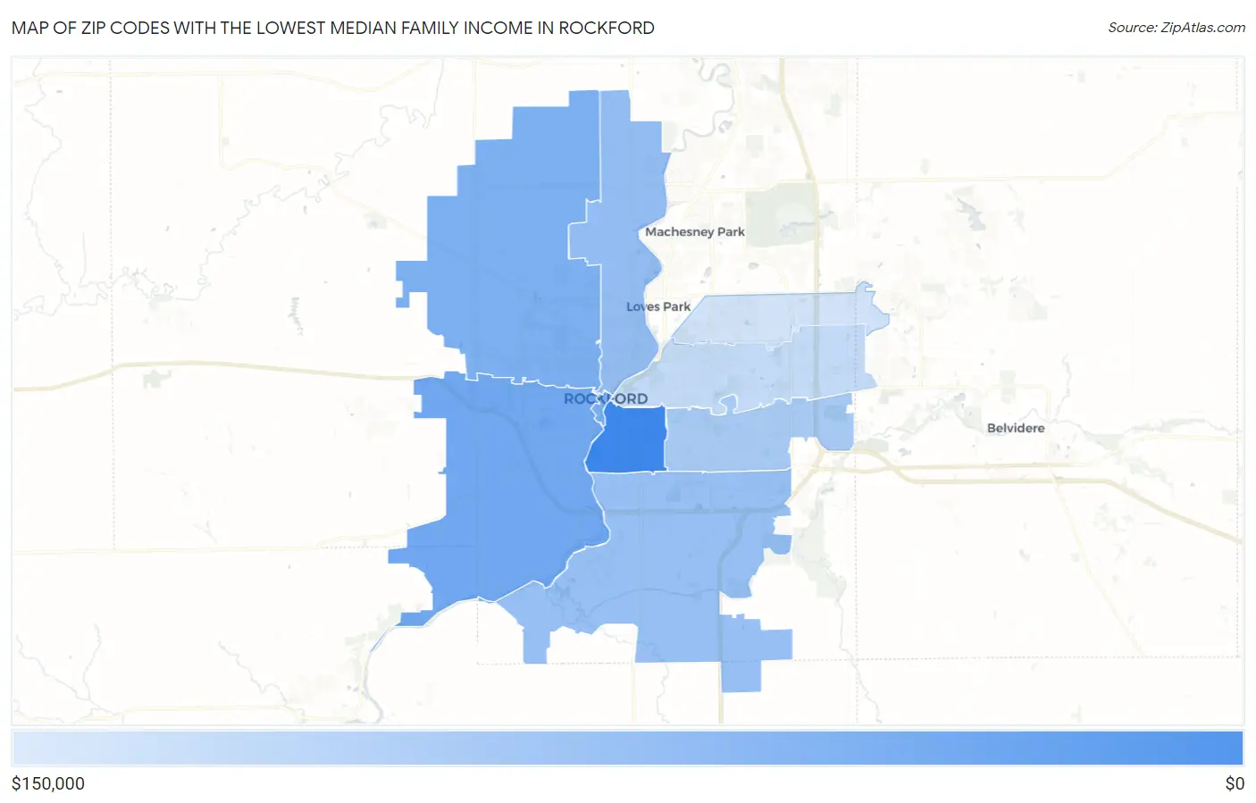 Zip Codes with the Lowest Median Family Income in Rockford Map