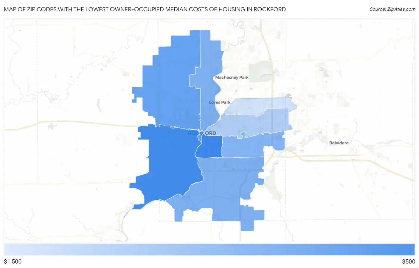 Zip Codes with the Lowest Owner-Occupied Median Costs of Housing in Rockford Map