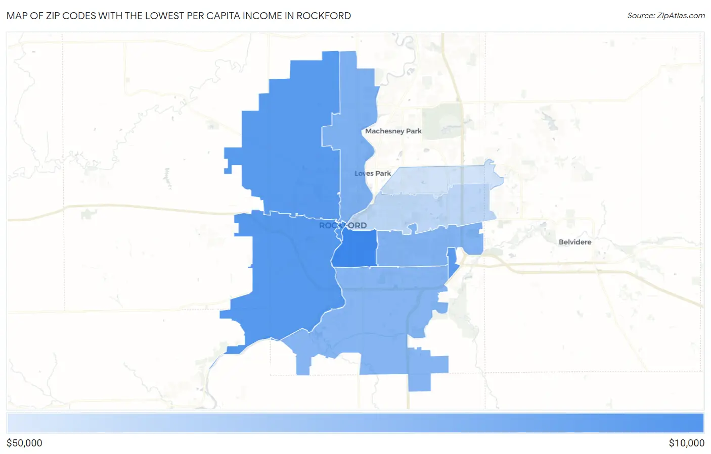 Zip Codes with the Lowest Per Capita Income in Rockford Map