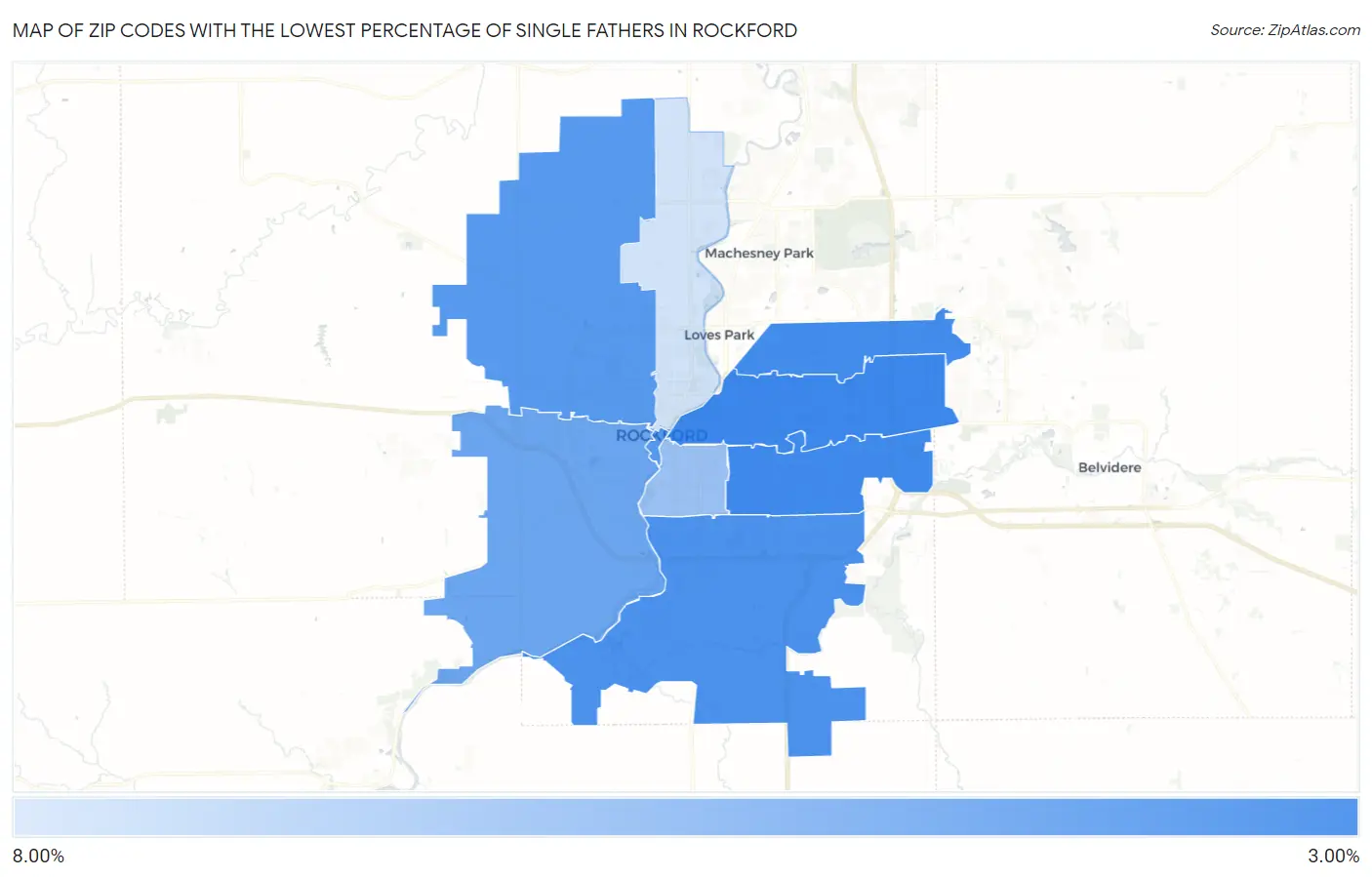 Zip Codes with the Lowest Percentage of Single Fathers in Rockford Map