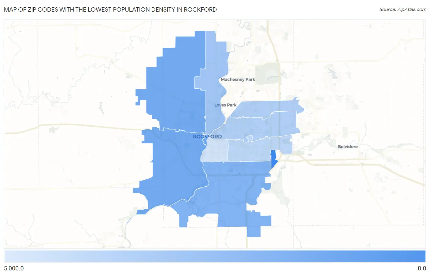 Zip Codes with the Lowest Population Density in Rockford Map