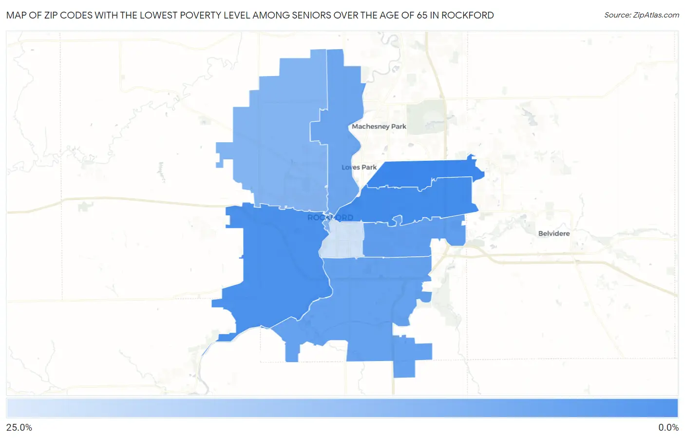 Zip Codes with the Lowest Poverty Level Among Seniors Over the Age of 65 in Rockford Map