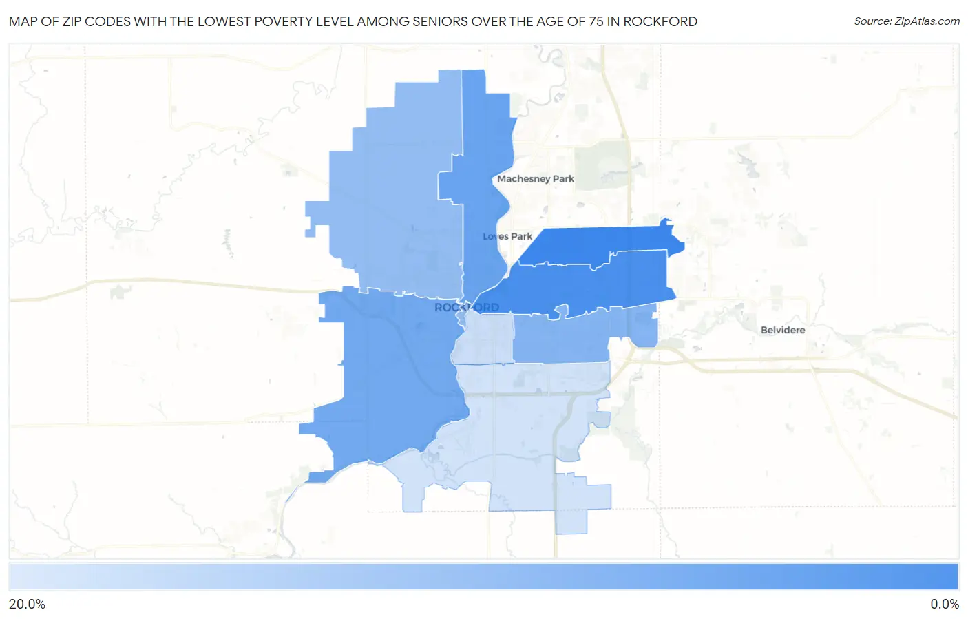 Zip Codes with the Lowest Poverty Level Among Seniors Over the Age of 75 in Rockford Map