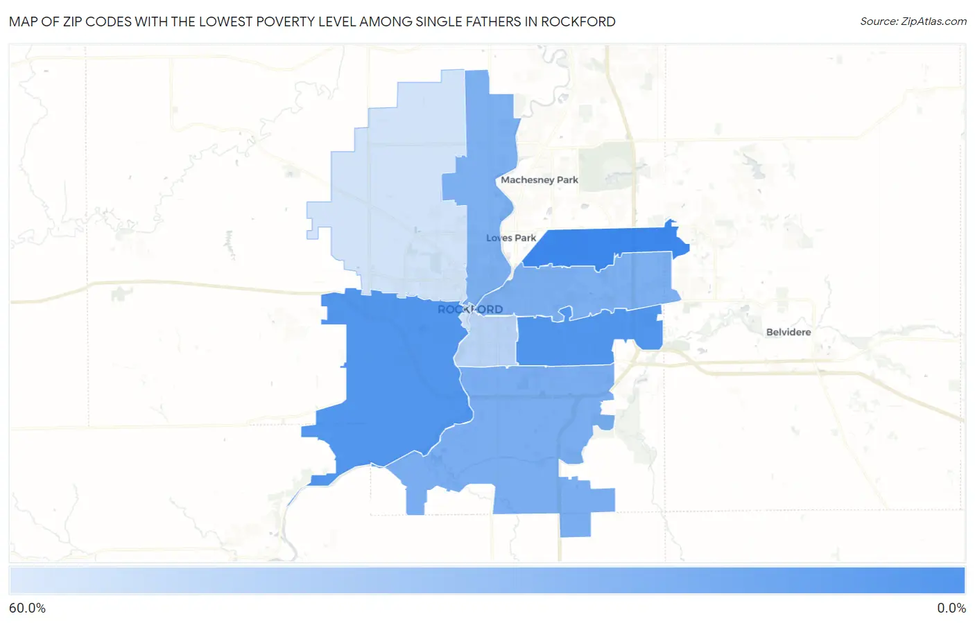 Zip Codes with the Lowest Poverty Level Among Single Fathers in Rockford Map