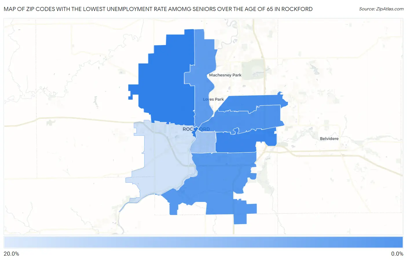 Zip Codes with the Lowest Unemployment Rate Amomg Seniors Over the Age of 65 in Rockford Map