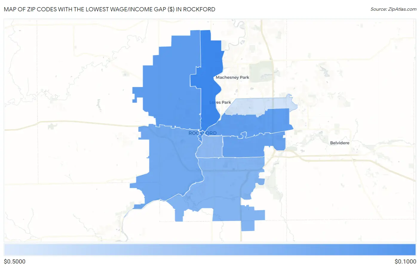 Zip Codes with the Lowest Wage/Income Gap ($) in Rockford Map