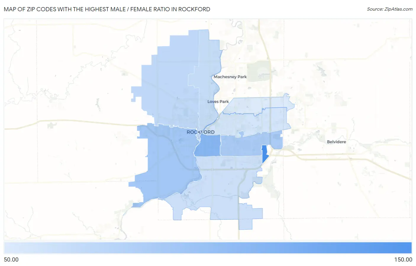 Zip Codes with the Highest Male / Female Ratio in Rockford Map