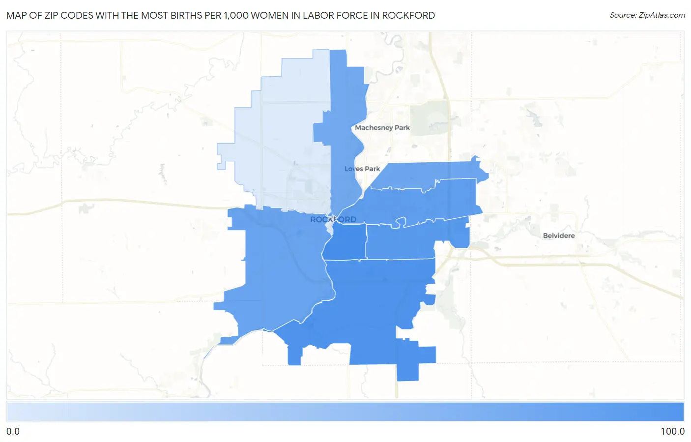 Zip Codes with the Most Births per 1,000 Women in Labor Force in Rockford Map