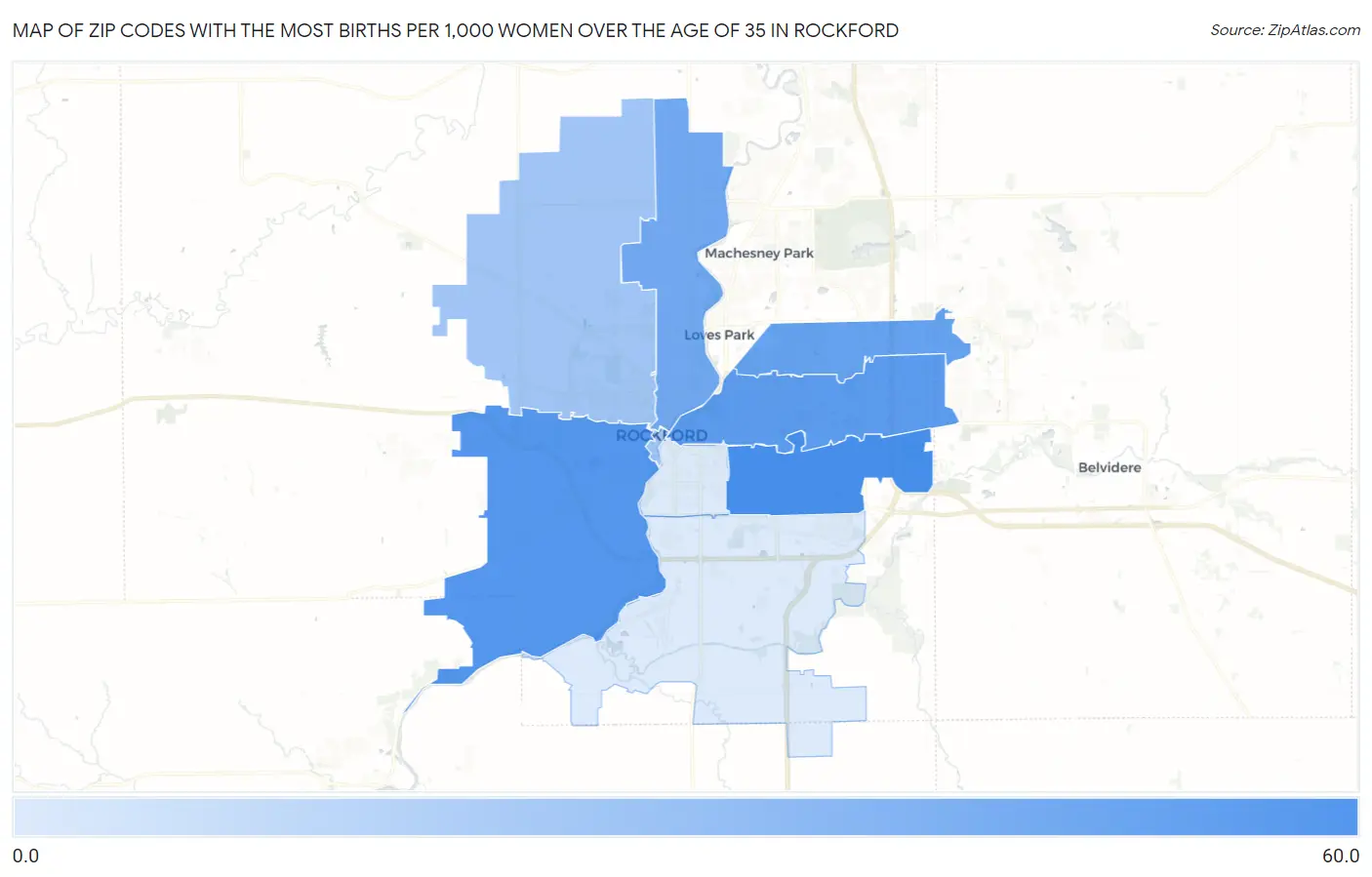 Zip Codes with the Most Births per 1,000 Women Over the Age of 35 in Rockford Map