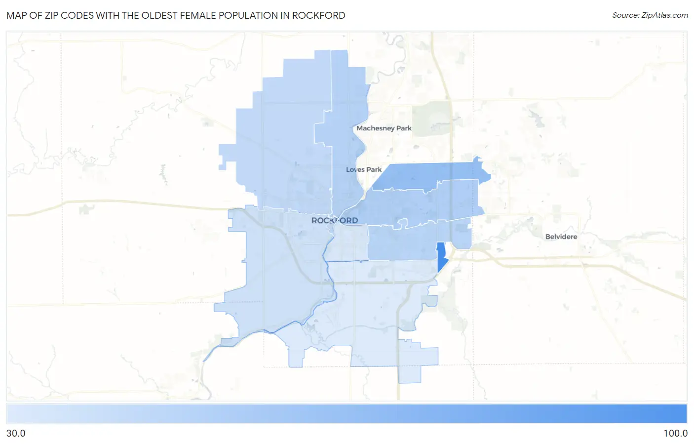 Zip Codes with the Oldest Female Population in Rockford Map