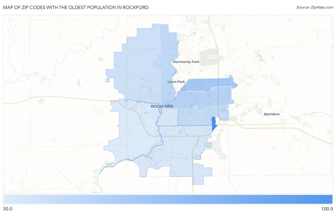 Zip Codes with the Oldest Population in Rockford Map