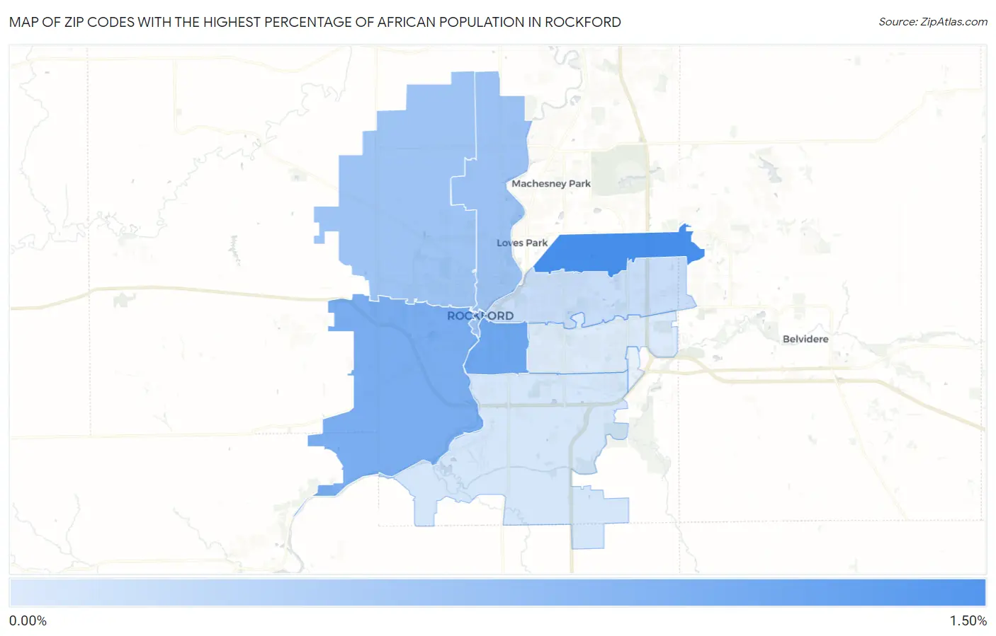 Zip Codes with the Highest Percentage of African Population in Rockford Map