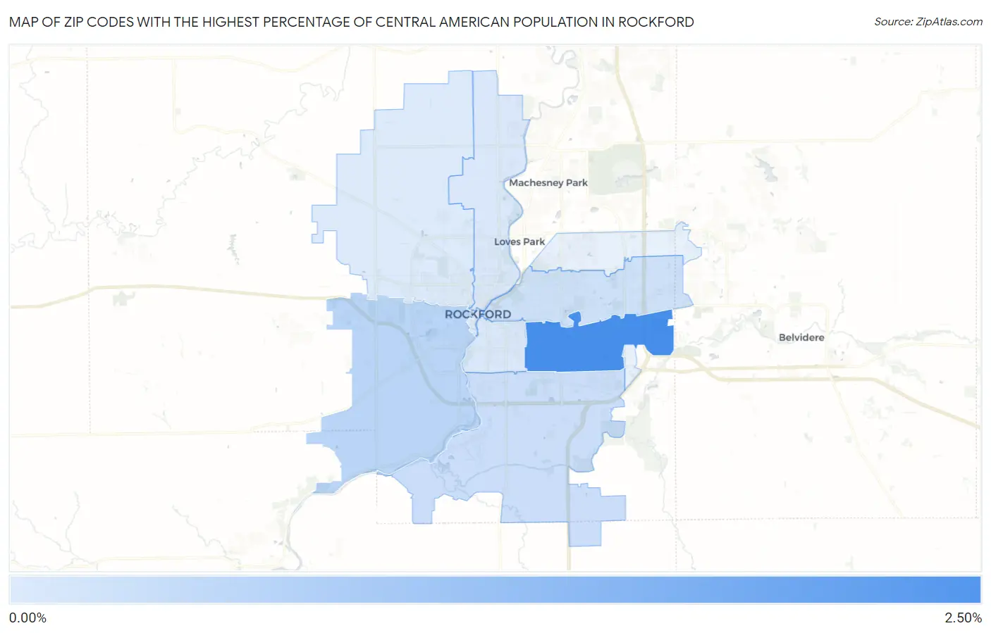 Zip Codes with the Highest Percentage of Central American Population in Rockford Map