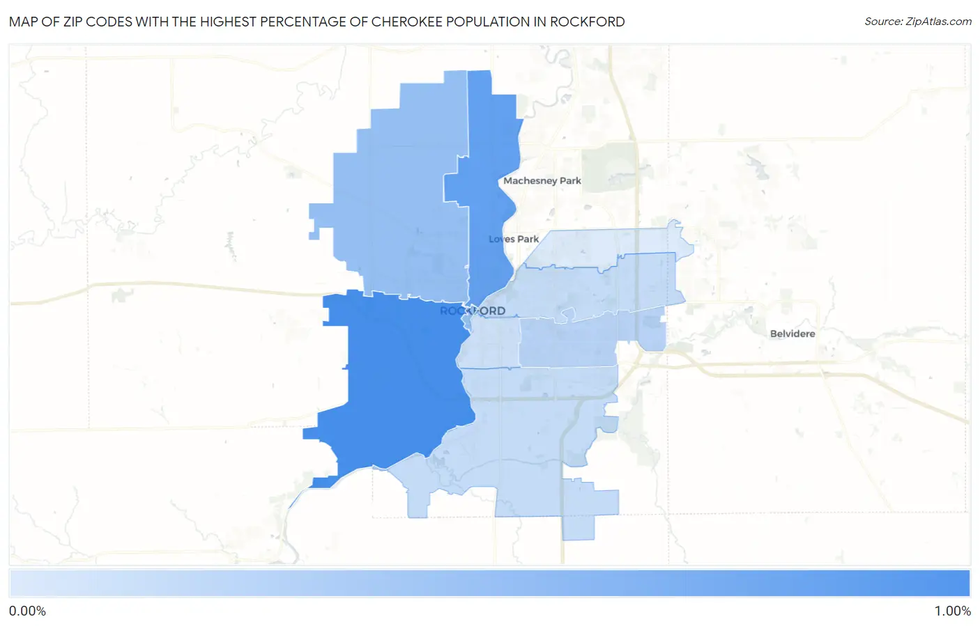 Zip Codes with the Highest Percentage of Cherokee Population in Rockford Map