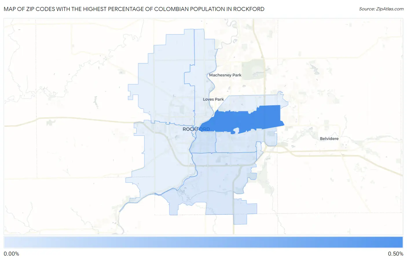 Zip Codes with the Highest Percentage of Colombian Population in Rockford Map
