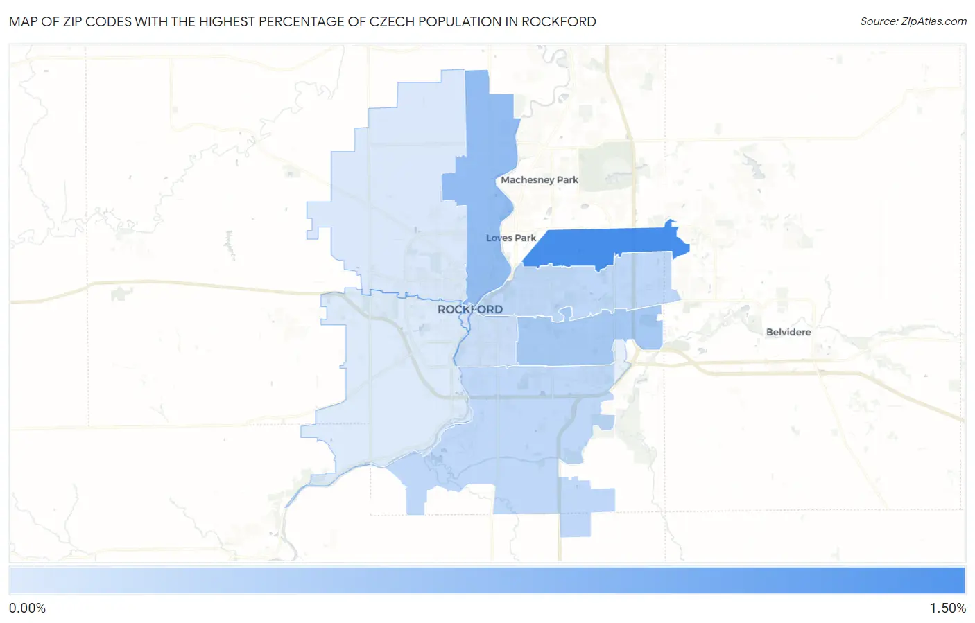 Zip Codes with the Highest Percentage of Czech Population in Rockford Map