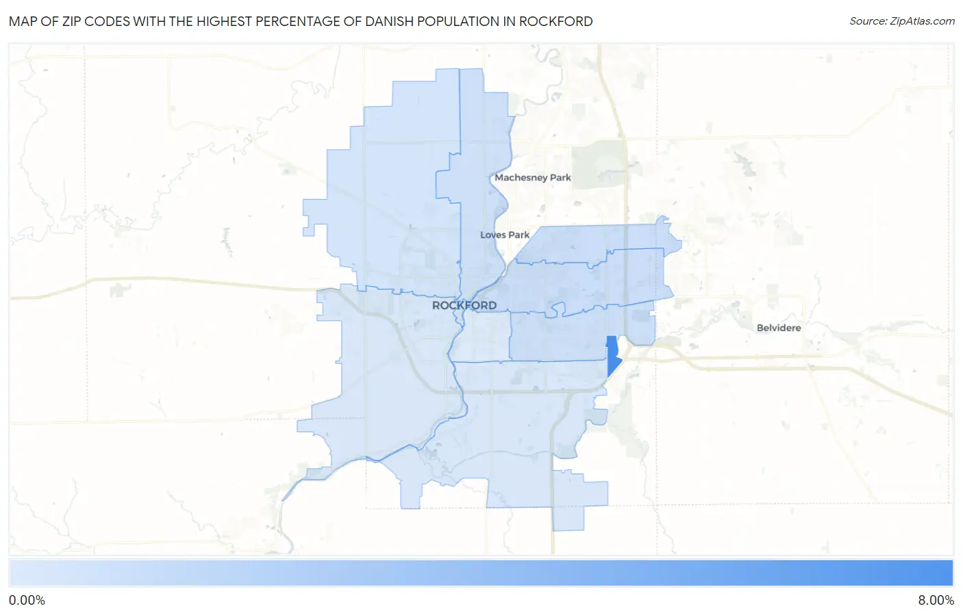 Zip Codes with the Highest Percentage of Danish Population in Rockford Map