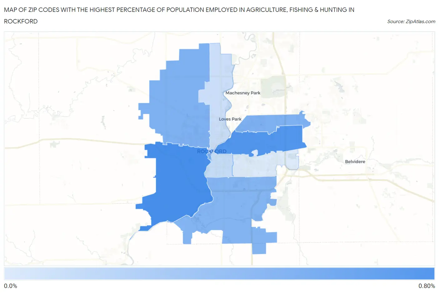 Zip Codes with the Highest Percentage of Population Employed in Agriculture, Fishing & Hunting in Rockford Map
