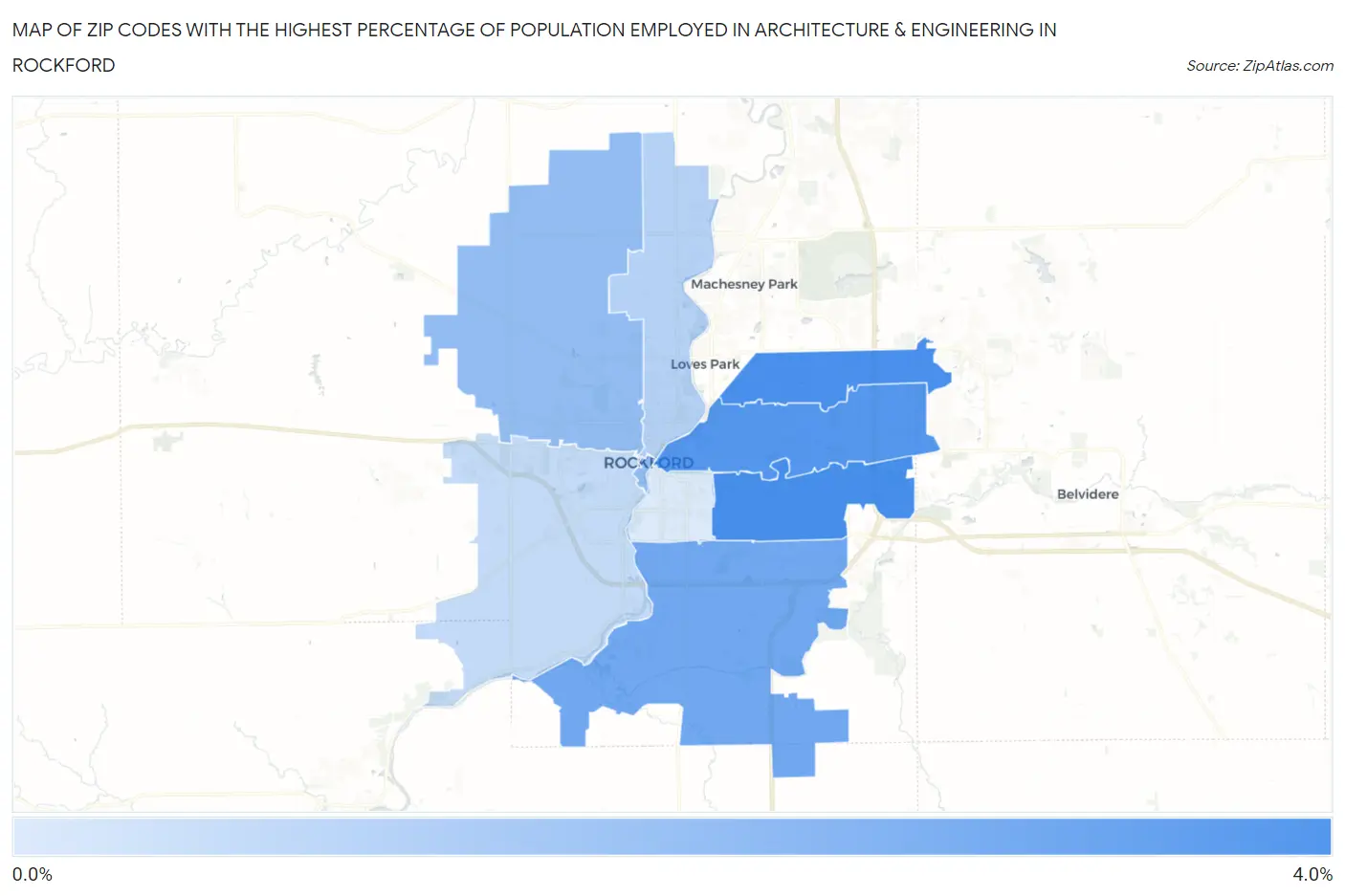 Zip Codes with the Highest Percentage of Population Employed in Architecture & Engineering in Rockford Map
