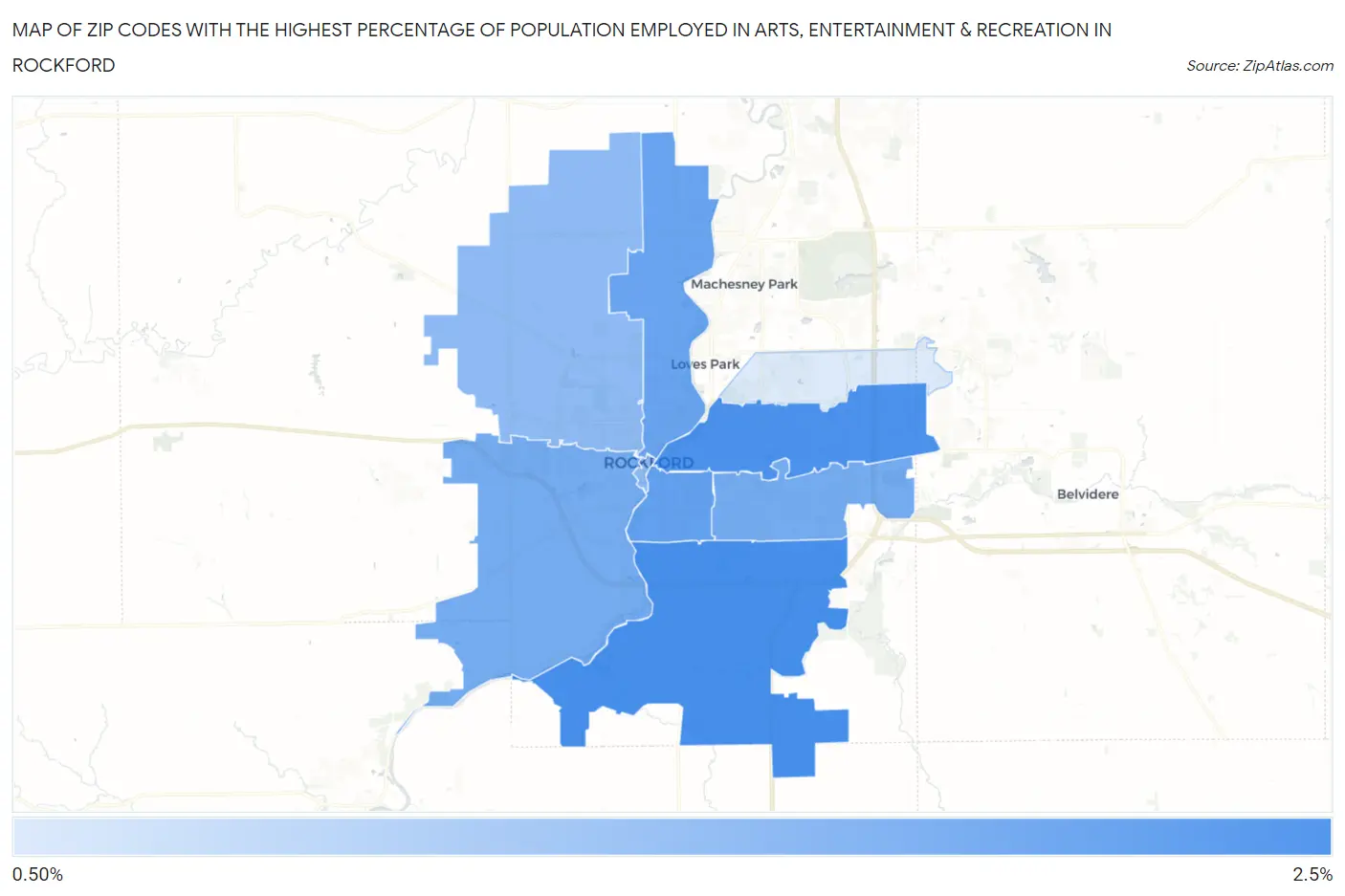 Zip Codes with the Highest Percentage of Population Employed in Arts, Entertainment & Recreation in Rockford Map