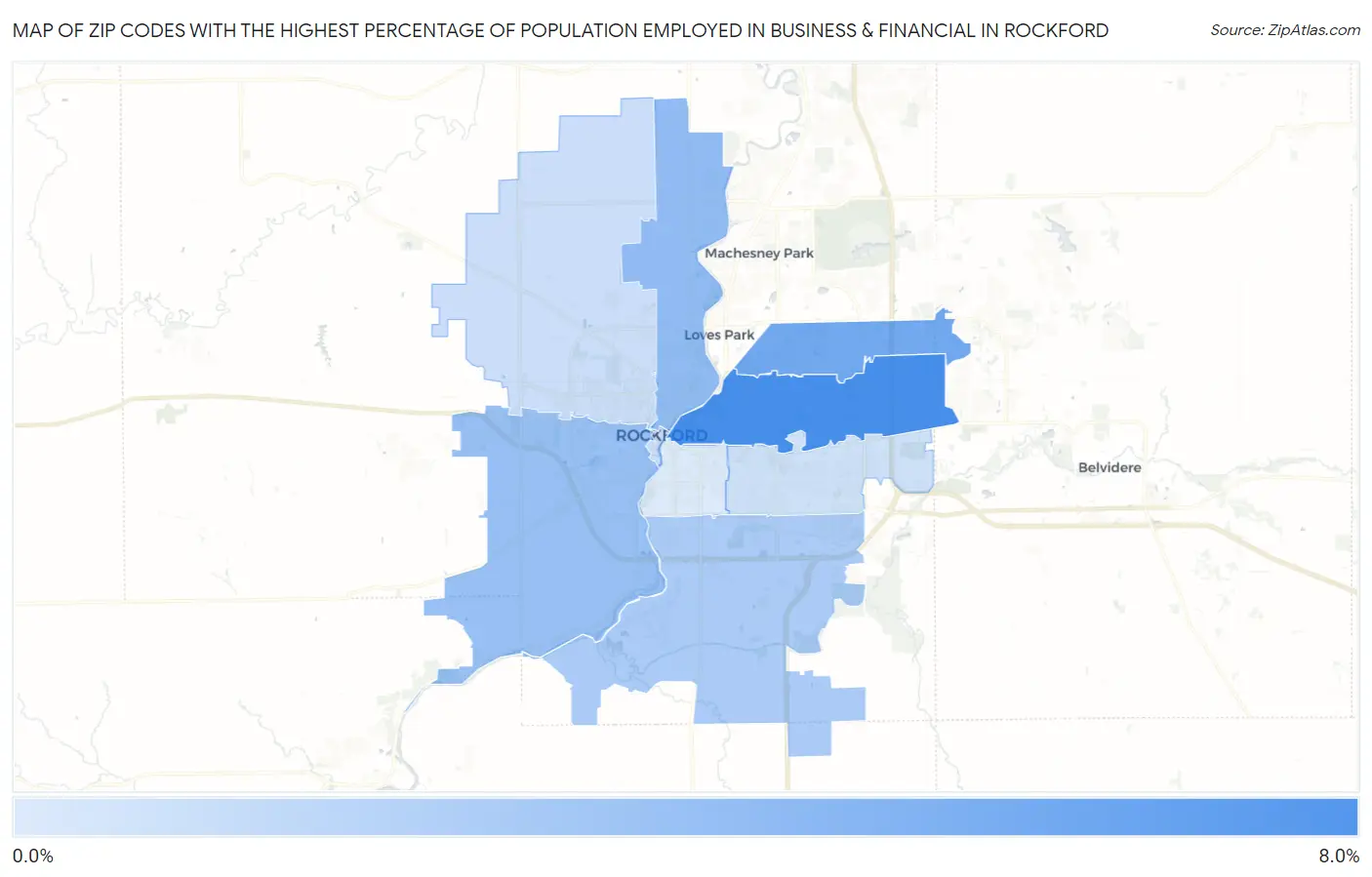 Zip Codes with the Highest Percentage of Population Employed in Business & Financial in Rockford Map