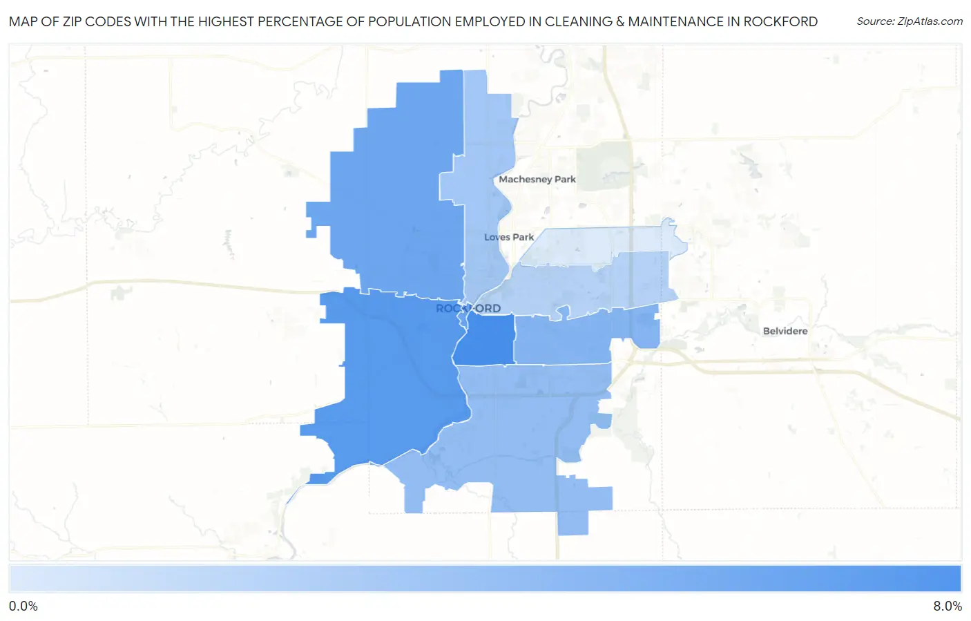 Zip Codes with the Highest Percentage of Population Employed in Cleaning & Maintenance in Rockford Map