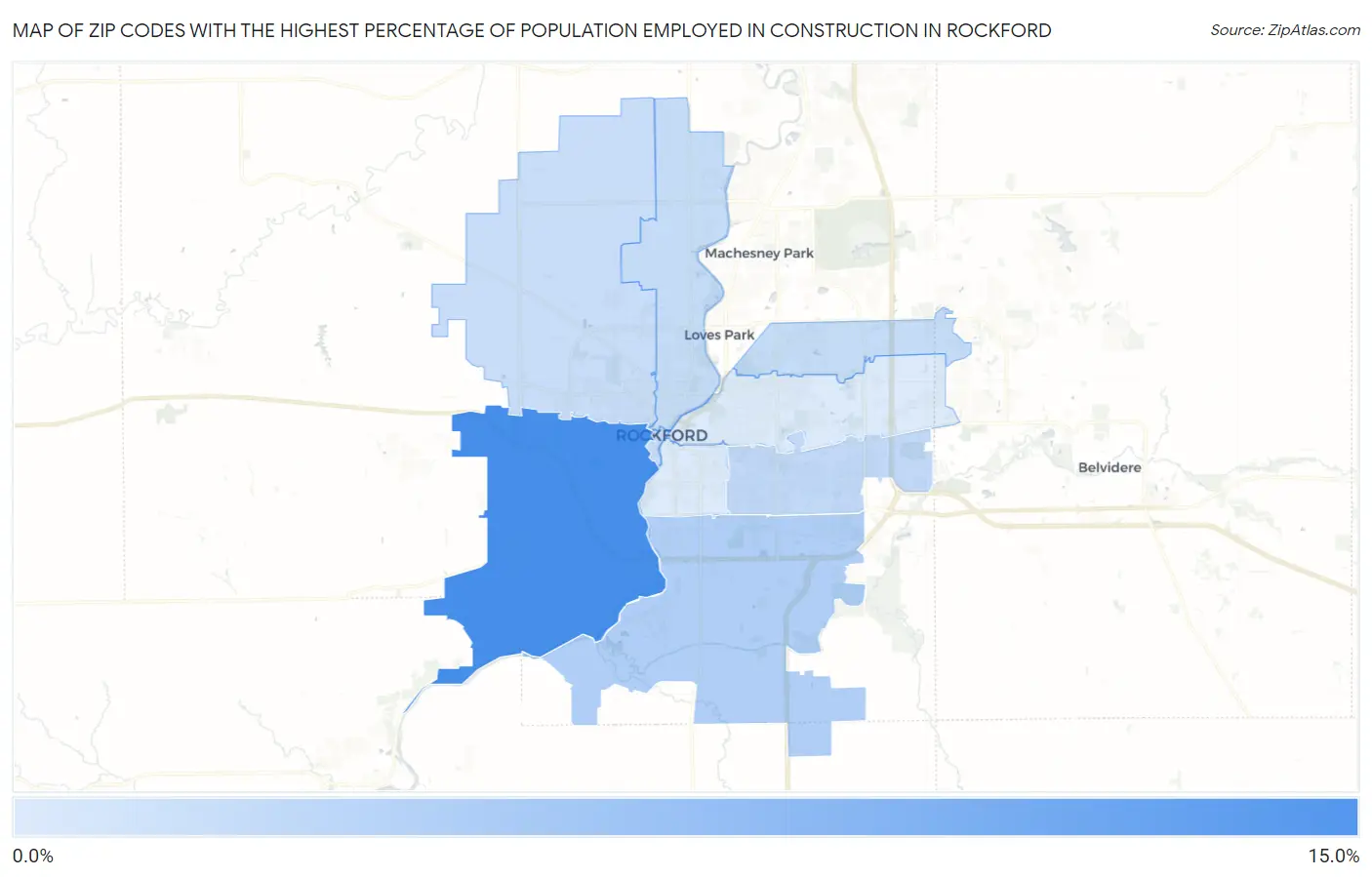 Zip Codes with the Highest Percentage of Population Employed in Construction in Rockford Map