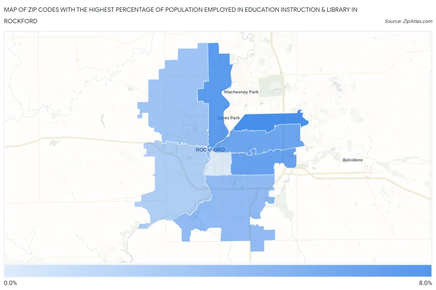 Zip Codes with the Highest Percentage of Population Employed in Education Instruction & Library in Rockford Map