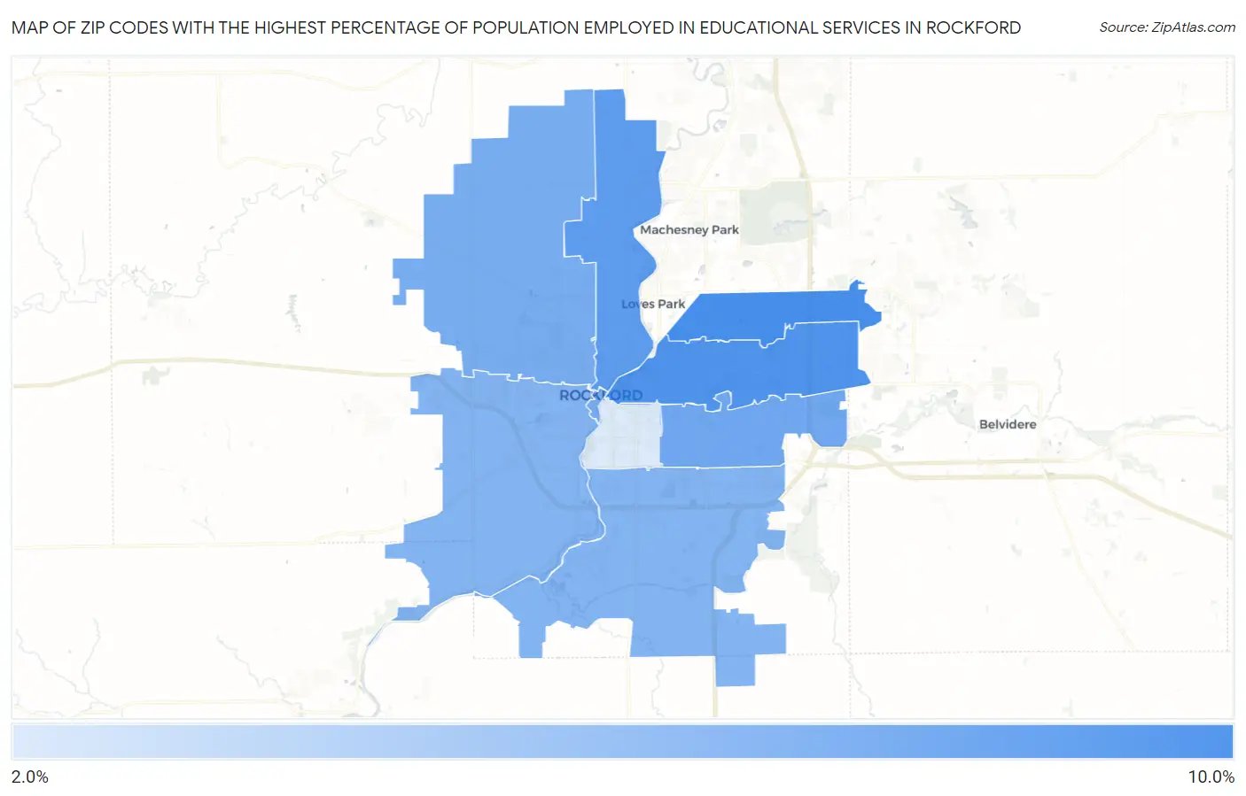 Zip Codes with the Highest Percentage of Population Employed in Educational Services in Rockford Map