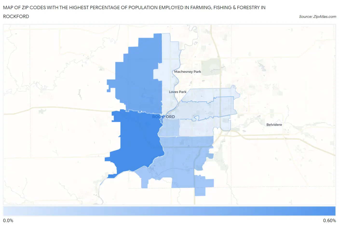 Zip Codes with the Highest Percentage of Population Employed in Farming, Fishing & Forestry in Rockford Map