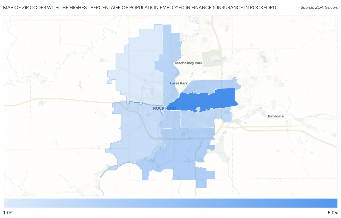 Zip Codes with the Highest Percentage of Population Employed in Finance & Insurance in Rockford Map
