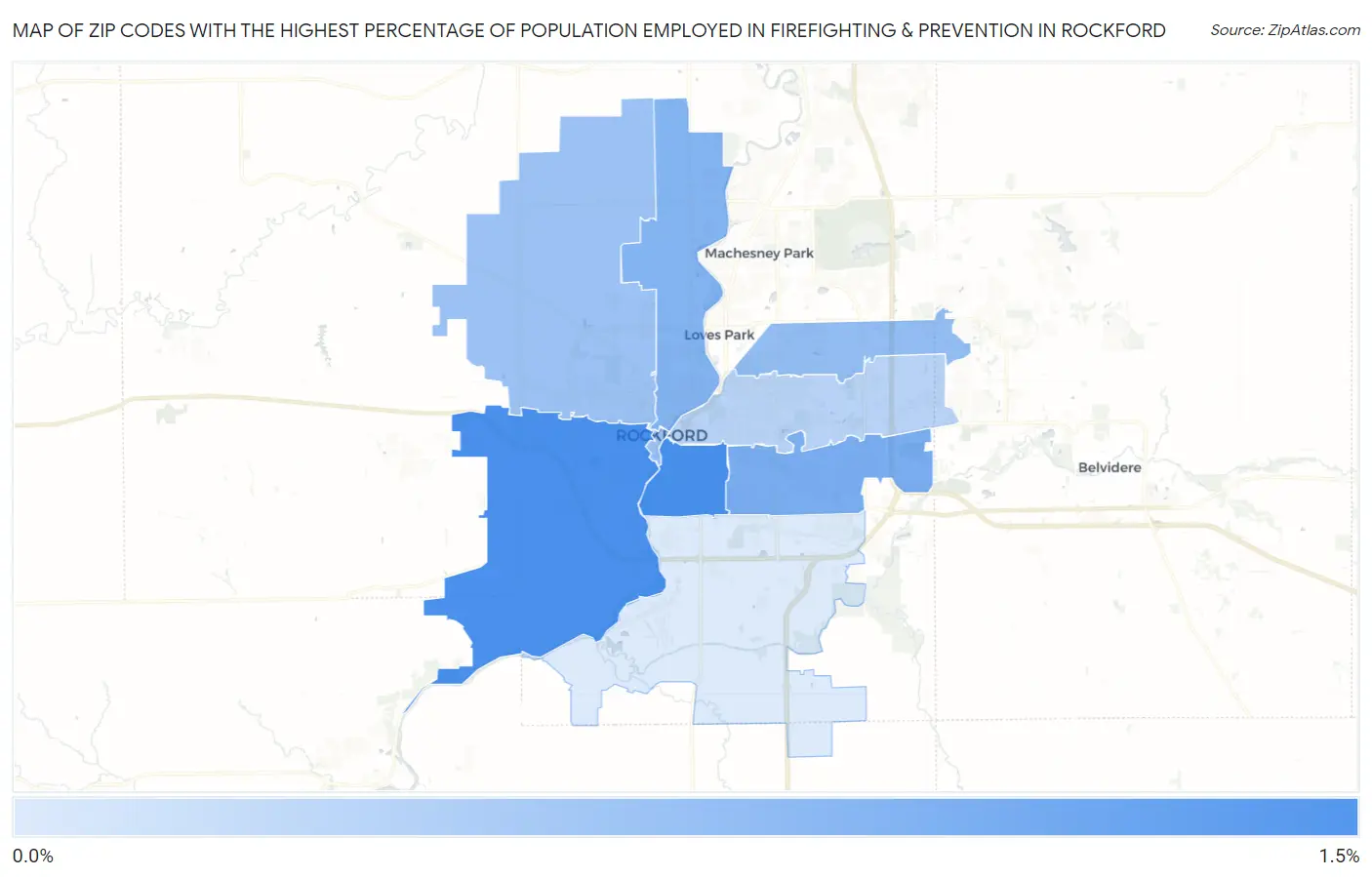 Zip Codes with the Highest Percentage of Population Employed in Firefighting & Prevention in Rockford Map