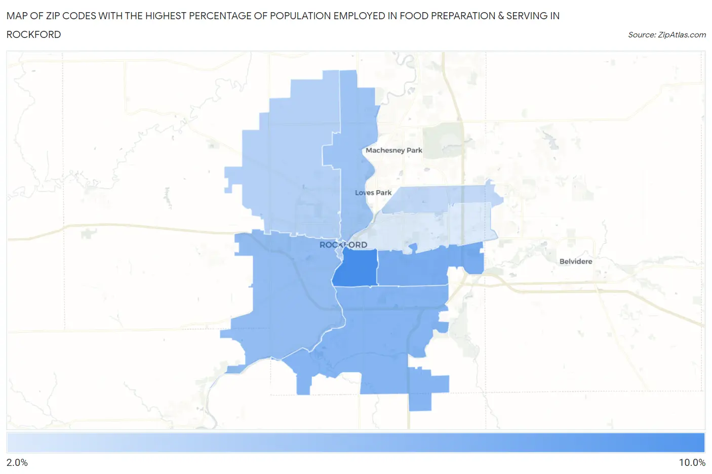 Zip Codes with the Highest Percentage of Population Employed in Food Preparation & Serving in Rockford Map