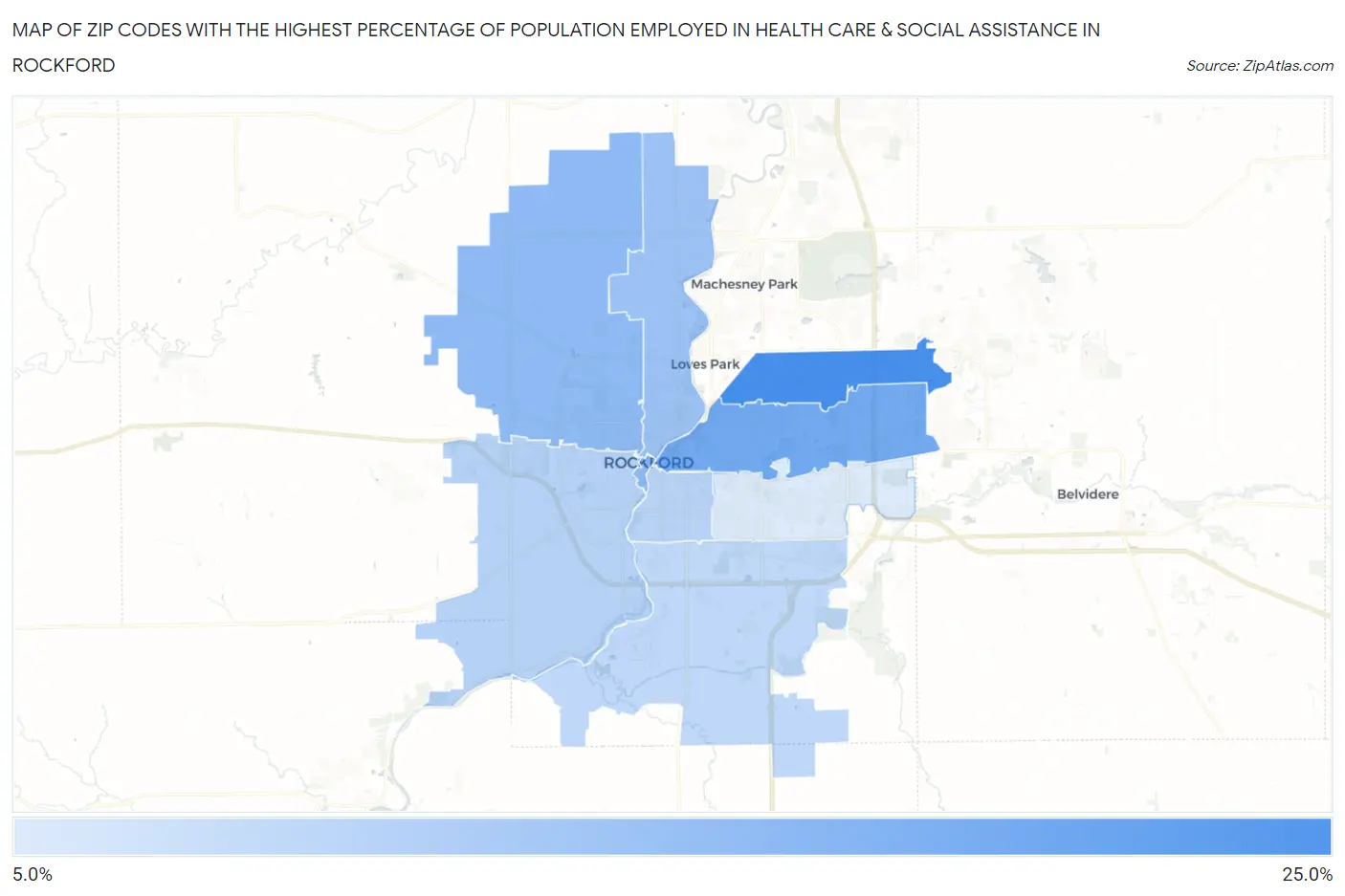 Zip Codes with the Highest Percentage of Population Employed in Health Care & Social Assistance in Rockford Map