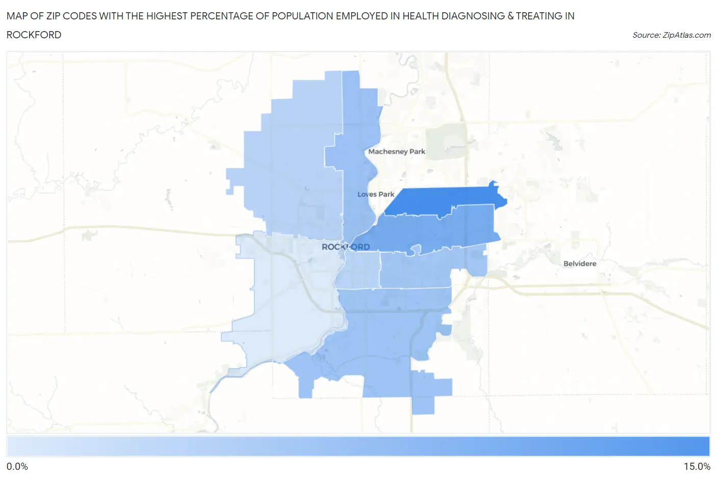 Zip Codes with the Highest Percentage of Population Employed in Health Diagnosing & Treating in Rockford Map