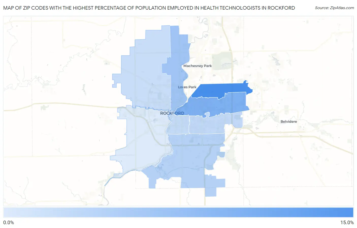 Zip Codes with the Highest Percentage of Population Employed in Health Technologists in Rockford Map